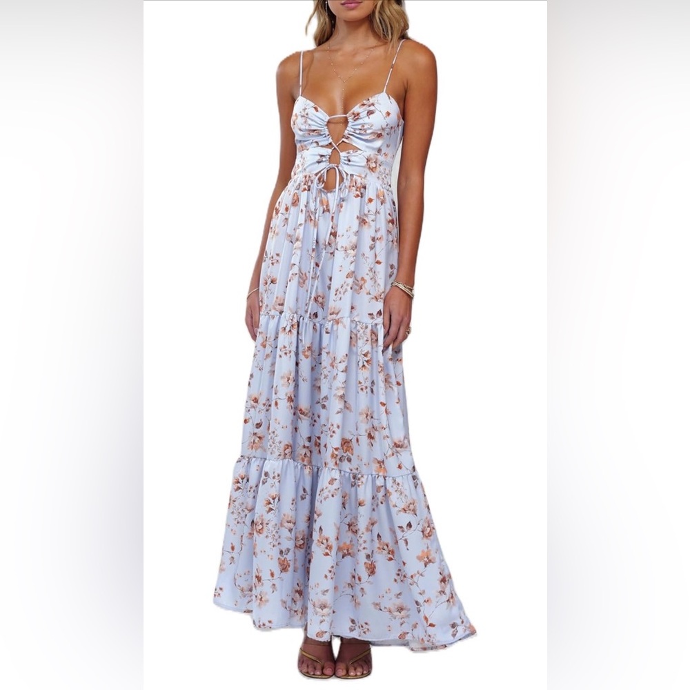 Women Boho Floral Spaghetti Strap Cut Out Maxi Dress Size Large